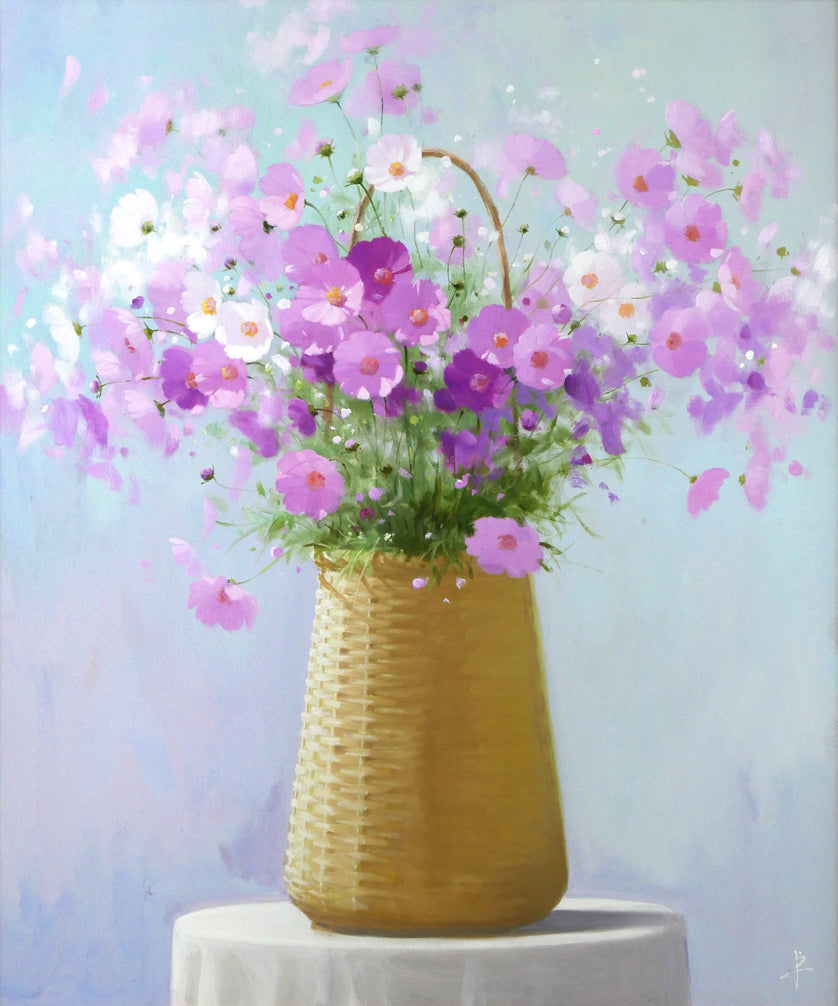 長岡卓「かごのコスモス」油絵・F20号 絵画買取・販売の小竹美術