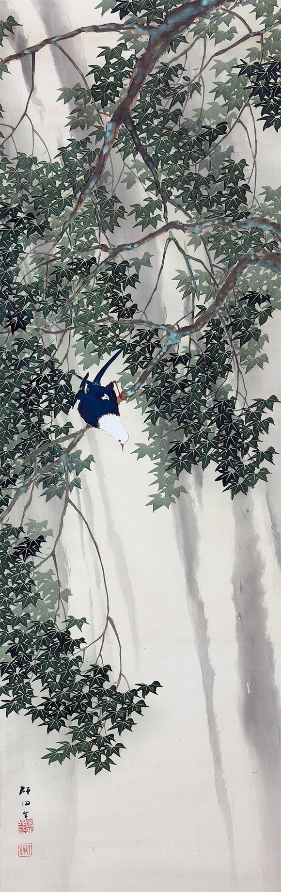 掛け軸 栄翠 二段滝色彩 絹本 希少 軸装 茶道具 掛軸 美品 です。 青楓