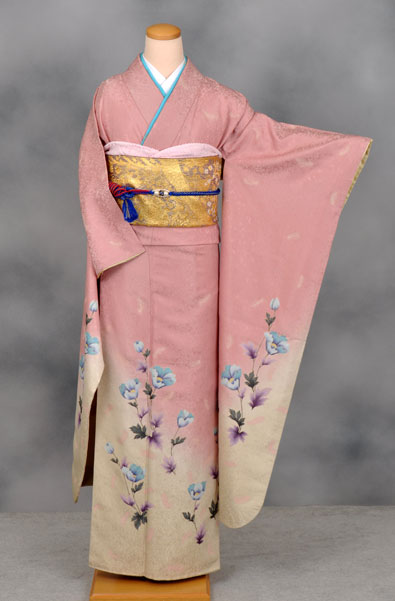 akmx128 正絹 振袖 レンタル店放出品 赤 桜 パールトーン加工 9号