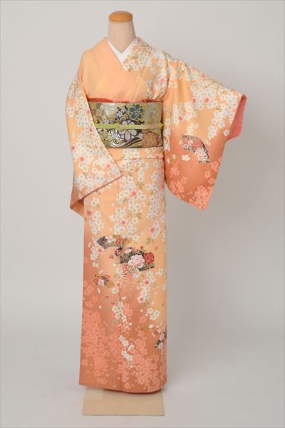 訪問着(オレンジ・桜)｜着物レンタルあき (来店着付け無料・全国配送無料)