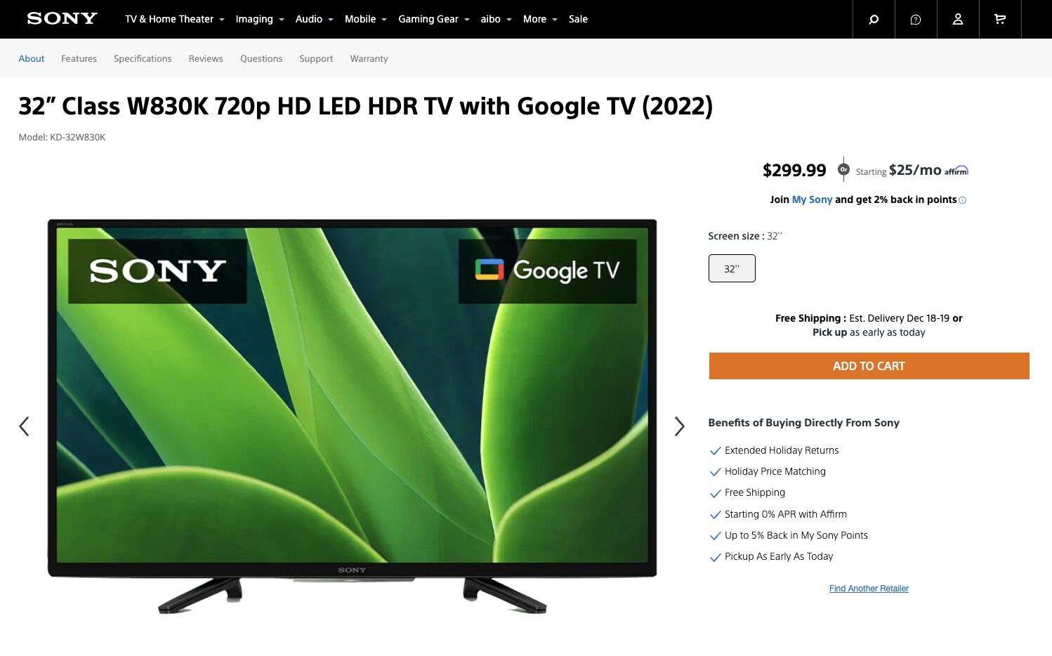 ソニー 32型 液晶テレビ ブラビア KJ-32W500E 2024年製 SONY BRAVIA KJ