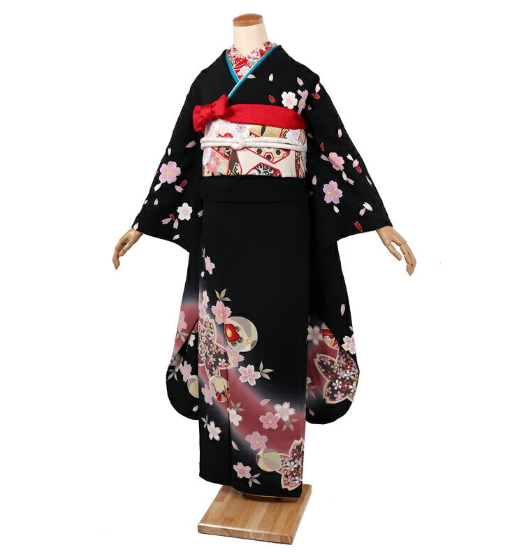振袖 レンタル フルセット 黒 昭和レトロ風 古典柄 桜 適応身長158cm