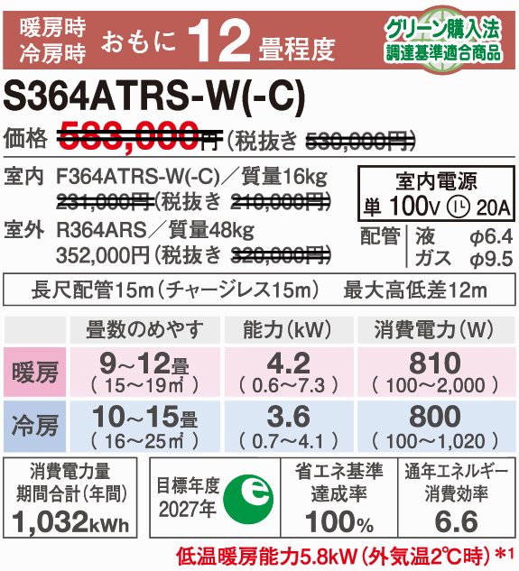ダイキンエアコン特約店（株）協和空調｜S364ATRS-W｜ダイキンエアコン