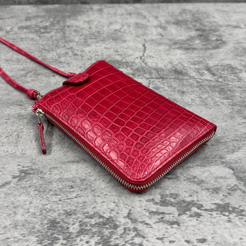 クロコダイル スマホショルダー メンズ レディース 本革 マット 赤