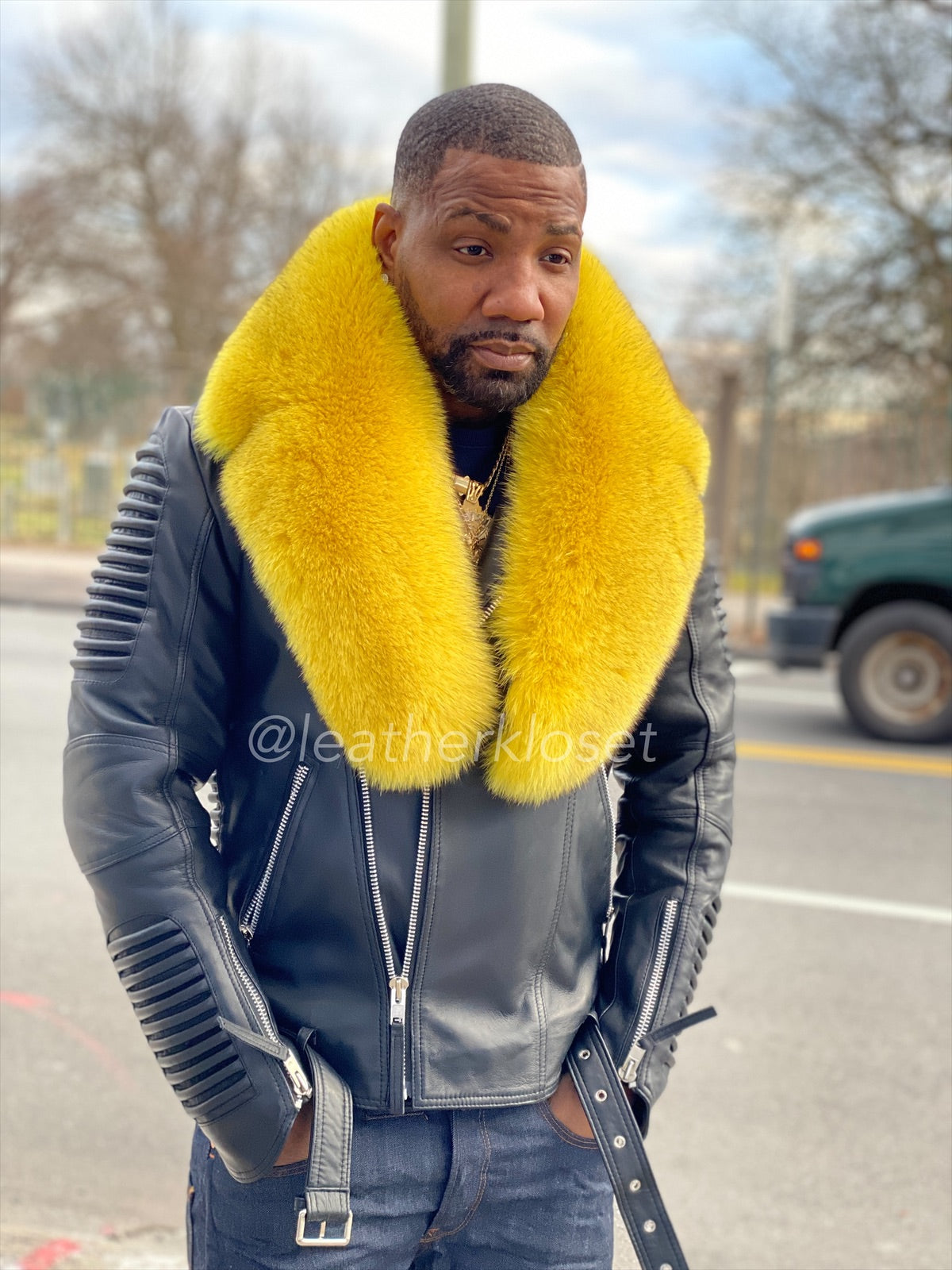 Men's Trey Biker Full Fox Fur Collar [Yellow Fox] – LeatherKloset