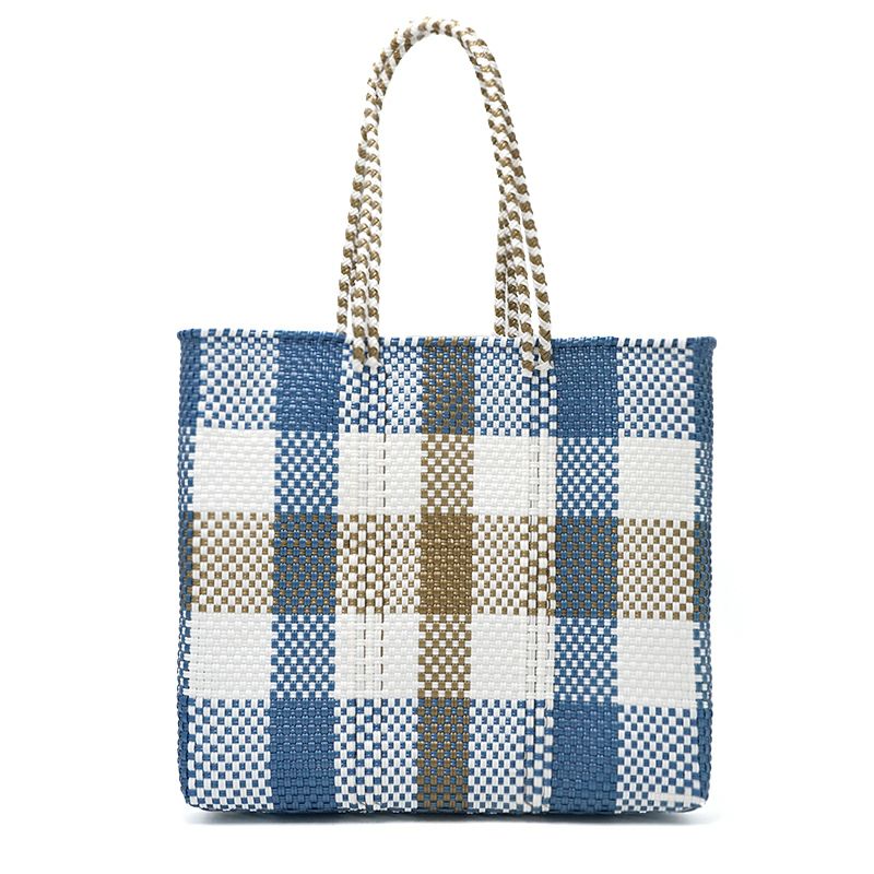MERCADO BAG - 3COLORS CHECK - LONG HANDLE - White / Metallic Blue