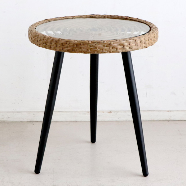 サイドテーブル 高さ55cm ガラス天板 ラタン風 籐家具風 テーブル