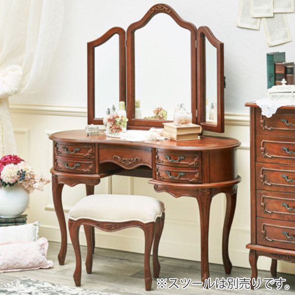 フランス家具 三面鏡 木製ドレッサー スツールセット 鏡台 引き出し
