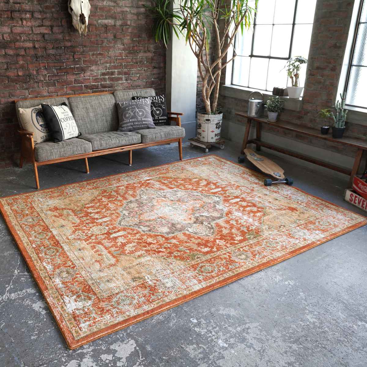 ラグ マイクロファイバー 幾何学デザイン 200×200cm ヴィンテージ風