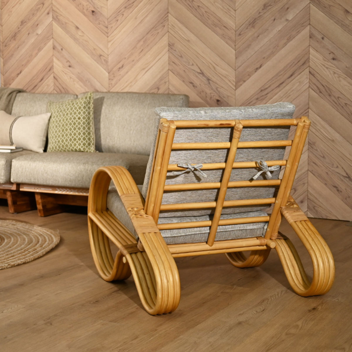 一人掛けチェア ラタン 座面高33cm クッション付 天然木 OHANA