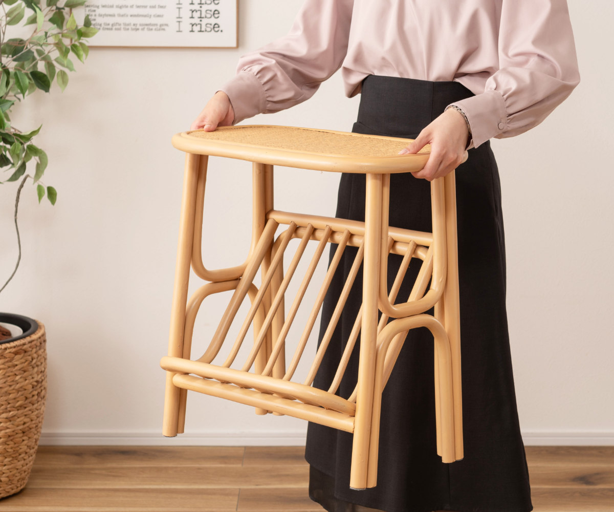 籐 サイドテーブル 幅50cm マガジンラック付 天然木 （ ナイトテーブル