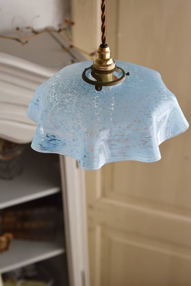 ガラスシェードランプ.Blue フランスアンティークインテリア 照明 マーブル