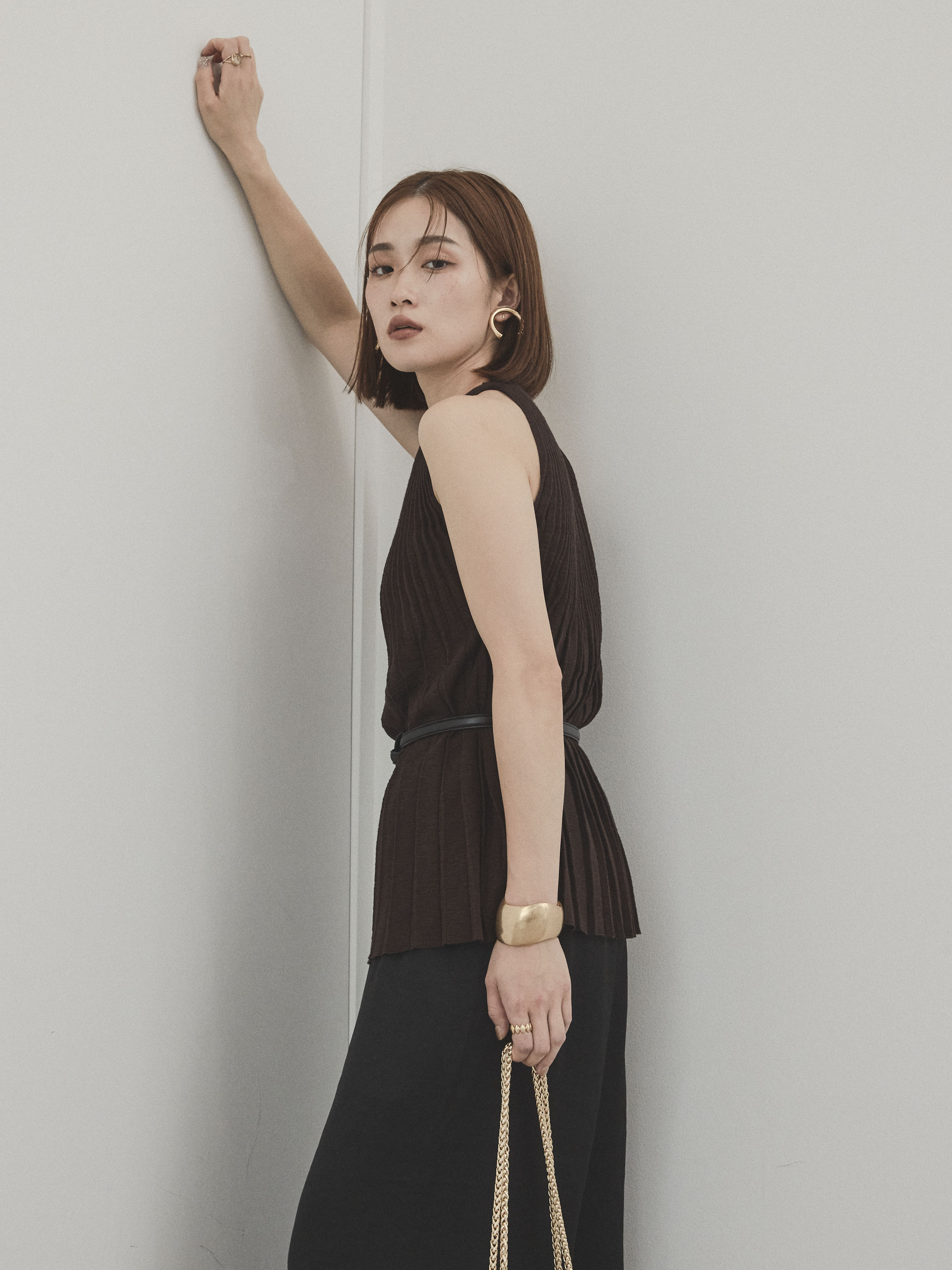 予約]プリーツニットキャミソール/ブラウン – Lumier