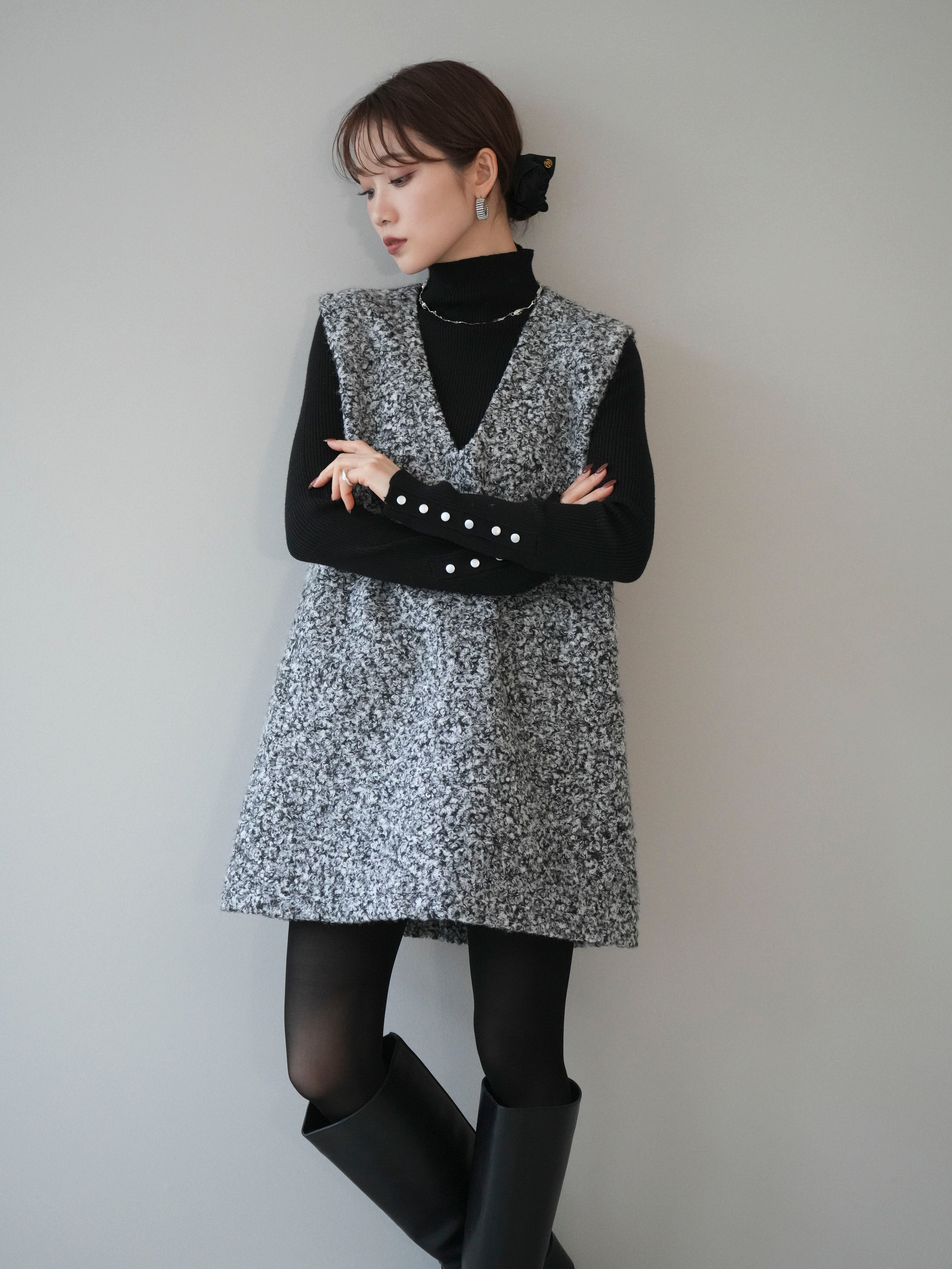 予約]ミックスループヤーンニットミニワンピース/gray – Lumier