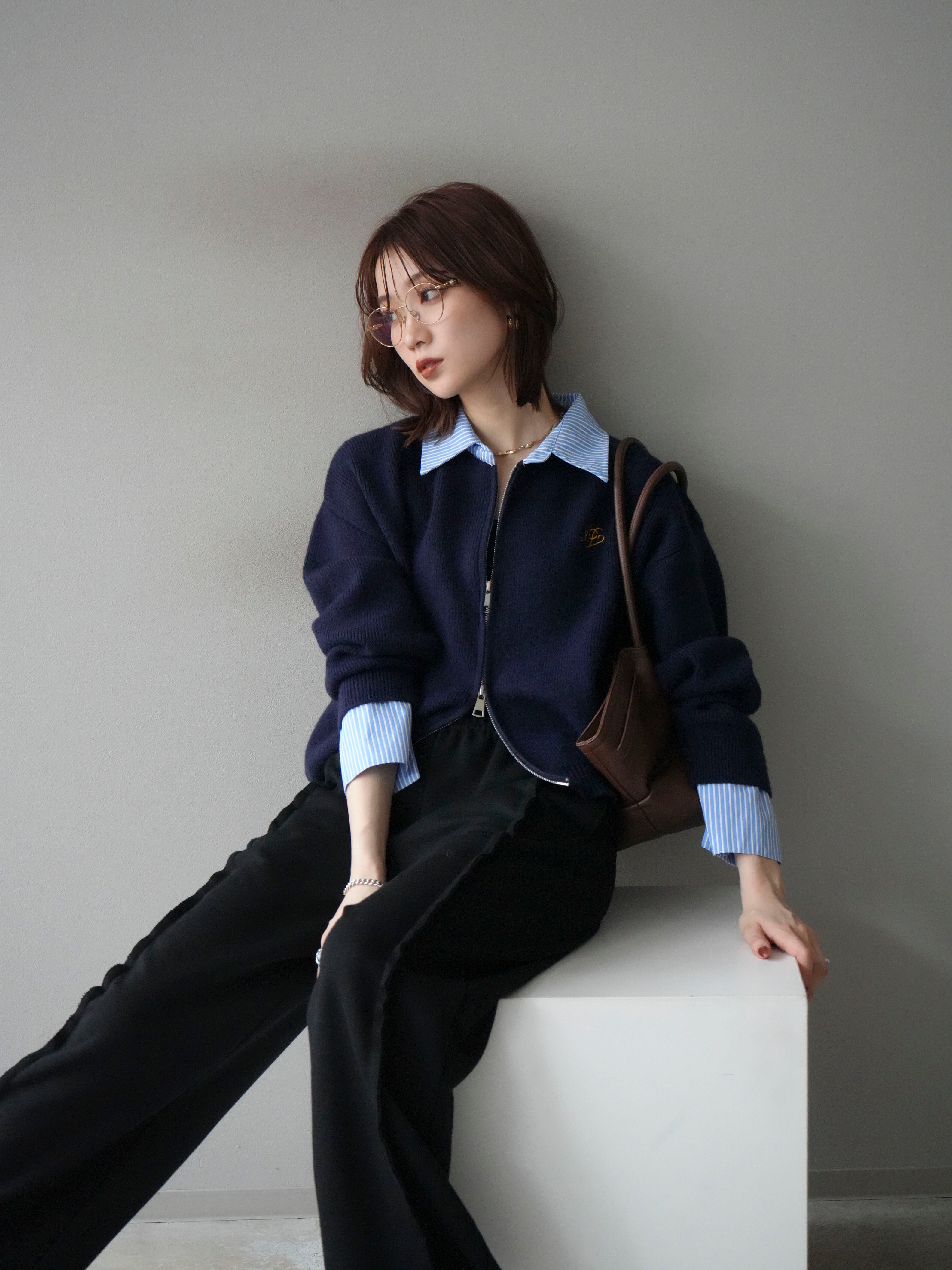 予約]ストライプシャツレイヤードZIPニットカーディガン/navy – Lumier