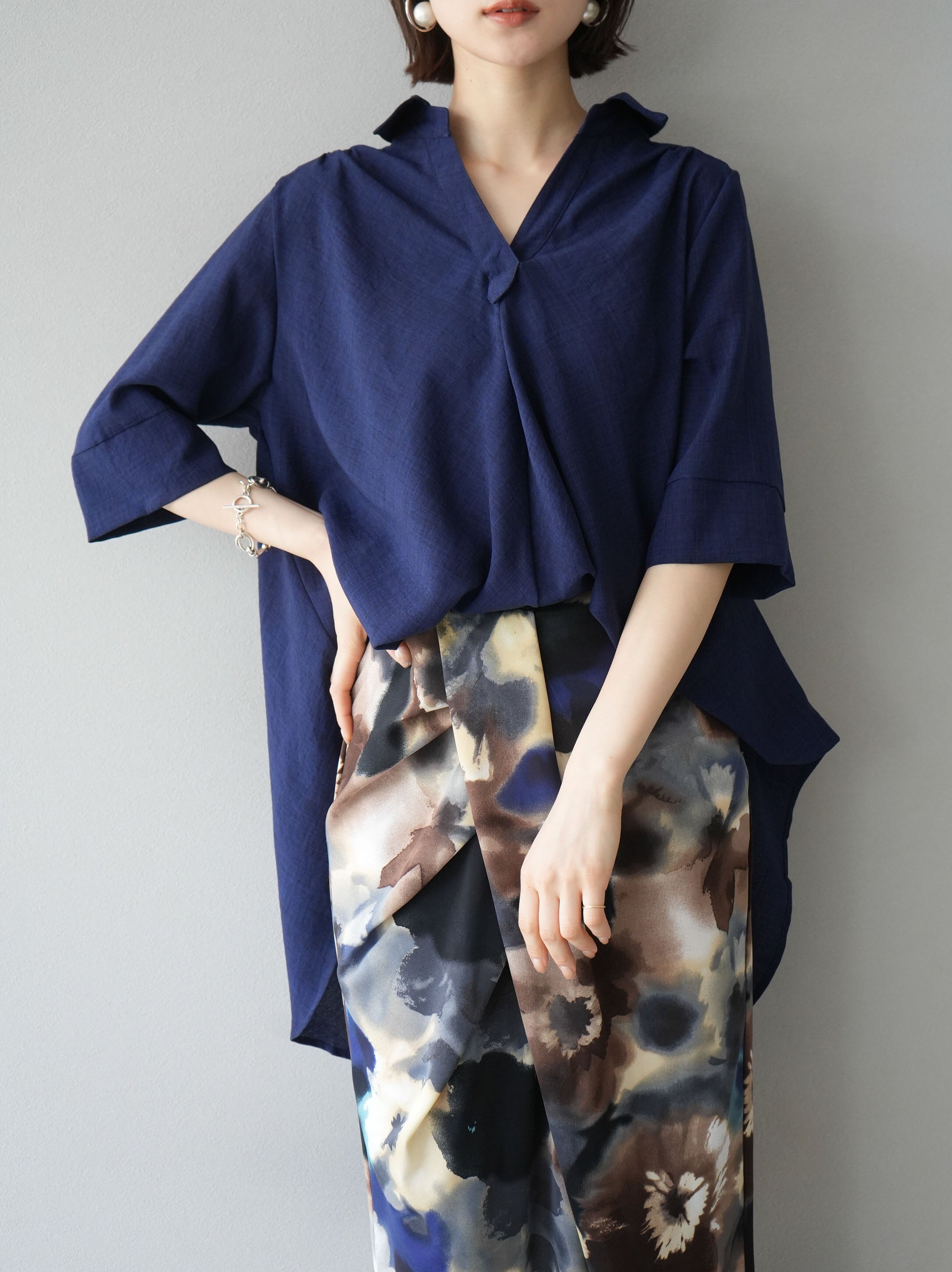 予約]リネンタッチハーフスリーブスキッパーシャツ/ネイビー – Lumier