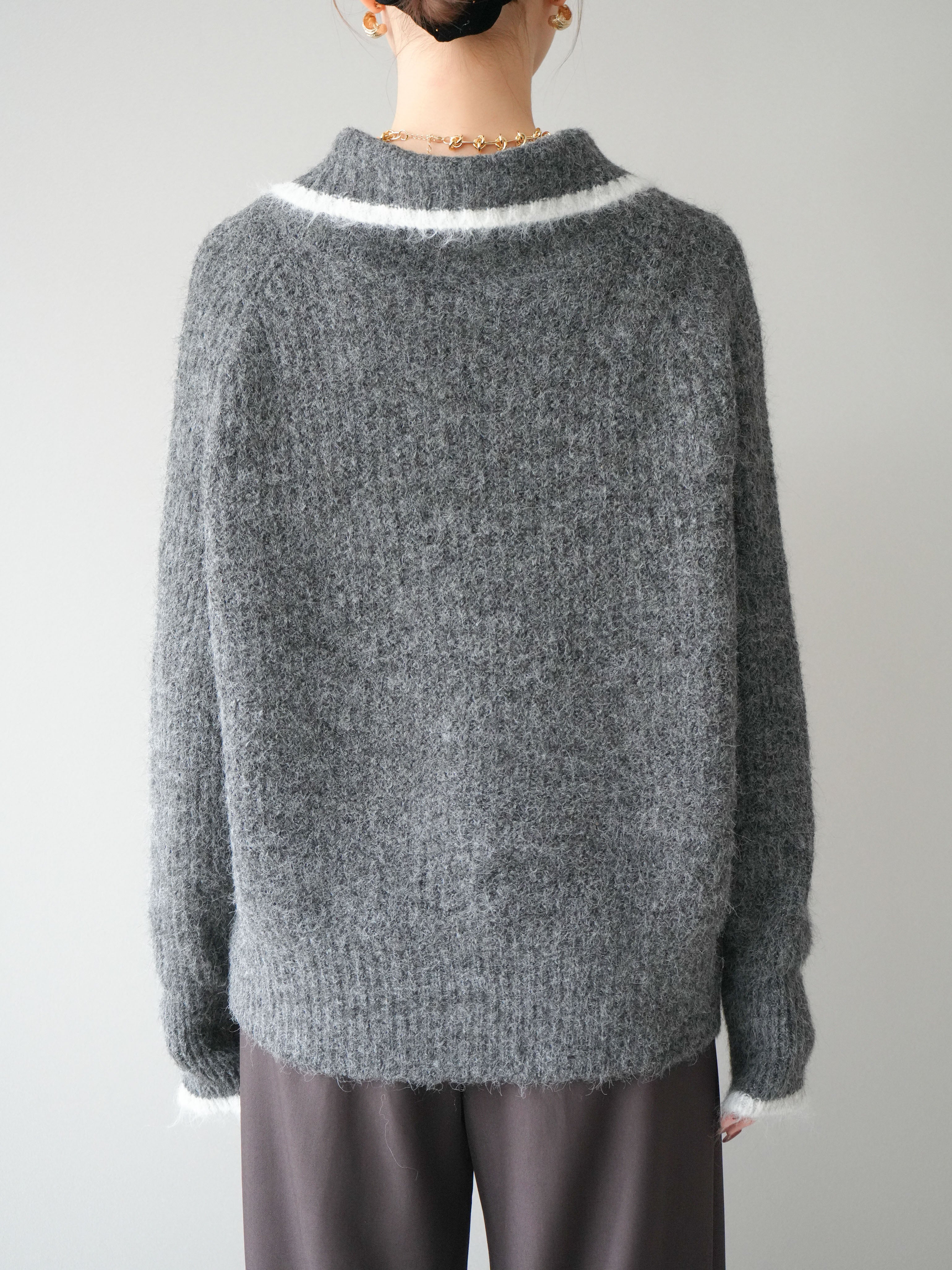 予約]襟付きバイカラーミックスニットカーディガン/gray – Lumier