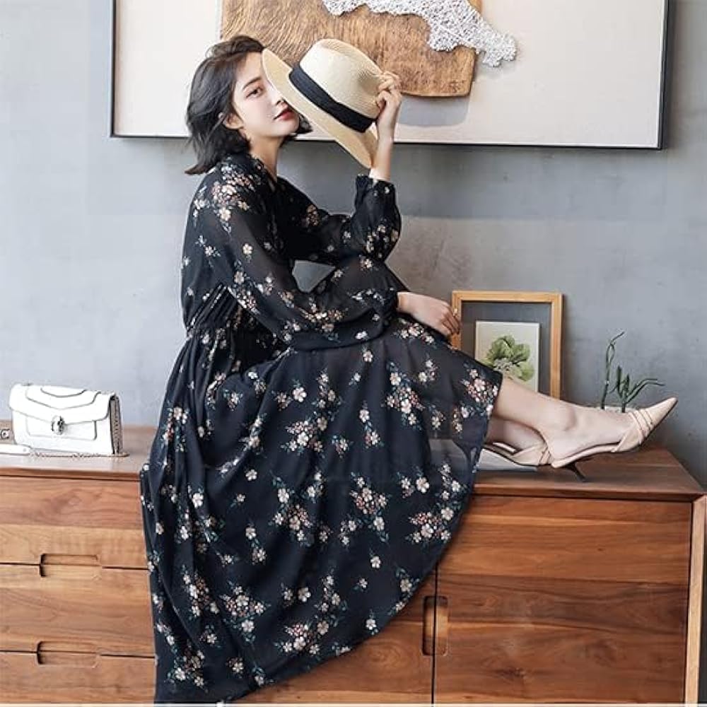 Amazon.co.jp: シフォンワンピース マキシ丈ワンピース 黒 花柄 キレイ