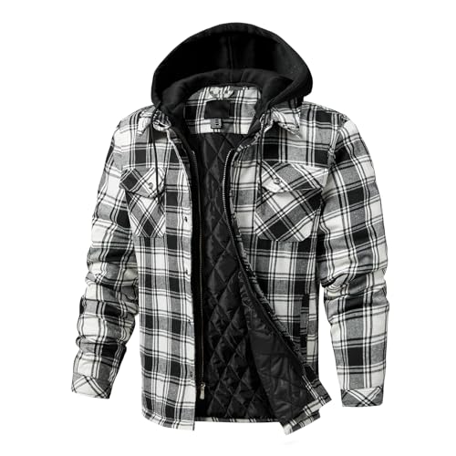 CHEXPEL Men's Plaid Hooded Flannel Shirt Jacket with Quilted Lined