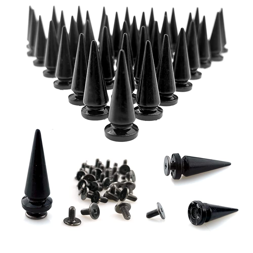 FAZHBARY 40 Pairs Black Cone Spikes Punk Rivets and Screwback