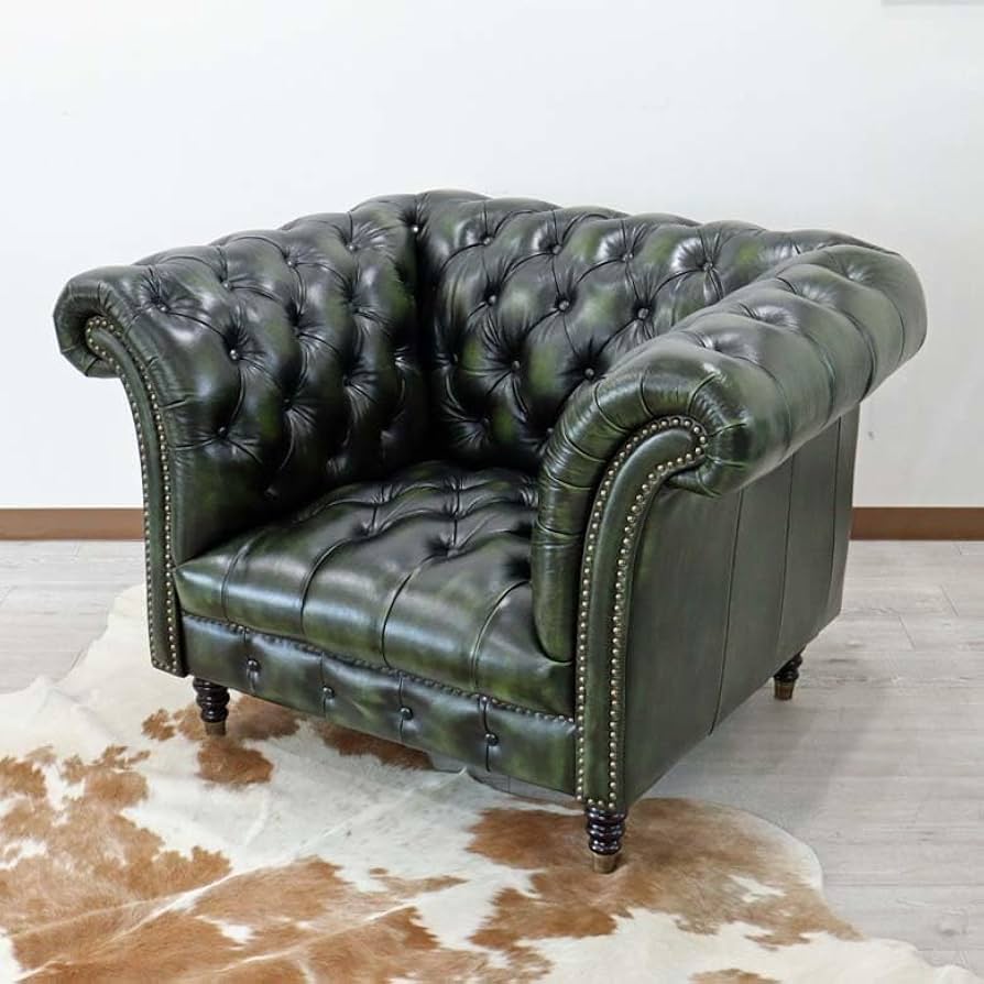 Amazon｜チェスターフィールド 総革 1人がけソファー グリーン ソファ
