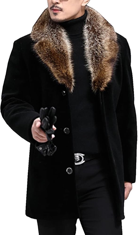 Glkaend Men's Plus Cotton Warm Fur Collar Casual Button Jacket