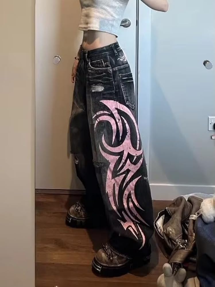 Xojbzoo Unisex Y2K Streetwear Baggy Jeans Retro Totem Print Goth