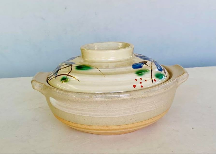 Amazon | 6号 土鍋 伊賀焼 1人用 古風 陶器 桔梗柄 山又窯 | ノー