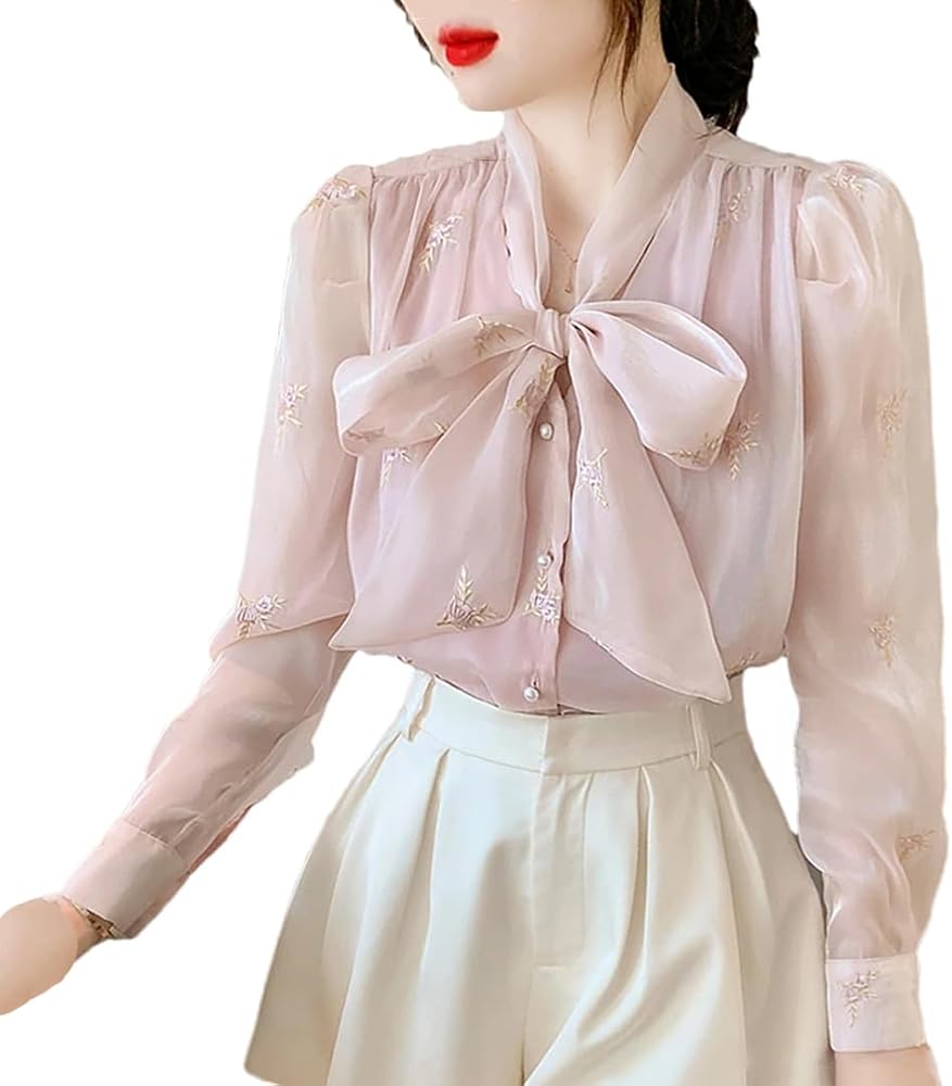 Amazon.com: Women's Bow Tie Collar Embroidery Chiffon Blouse for