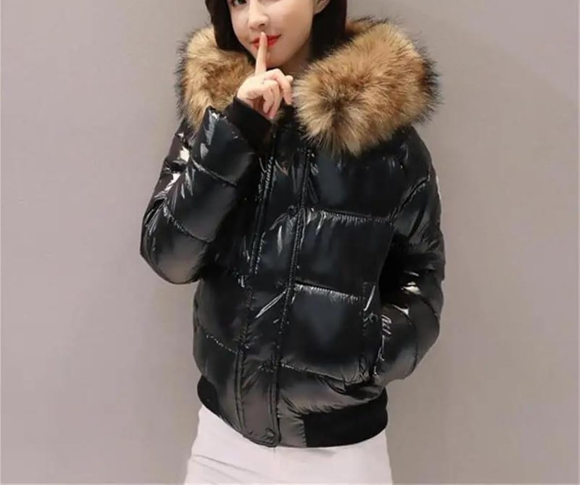 Women's Shiny Soft Down Jacket Faux Fur Short Jacket Thickened