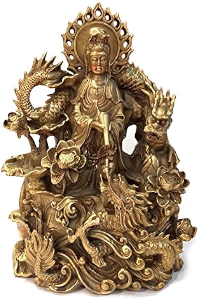 Amazon.co.jp: 真鍮製 黄銅 オブジェ 龍と観音様 観音菩薩 観世音菩薩