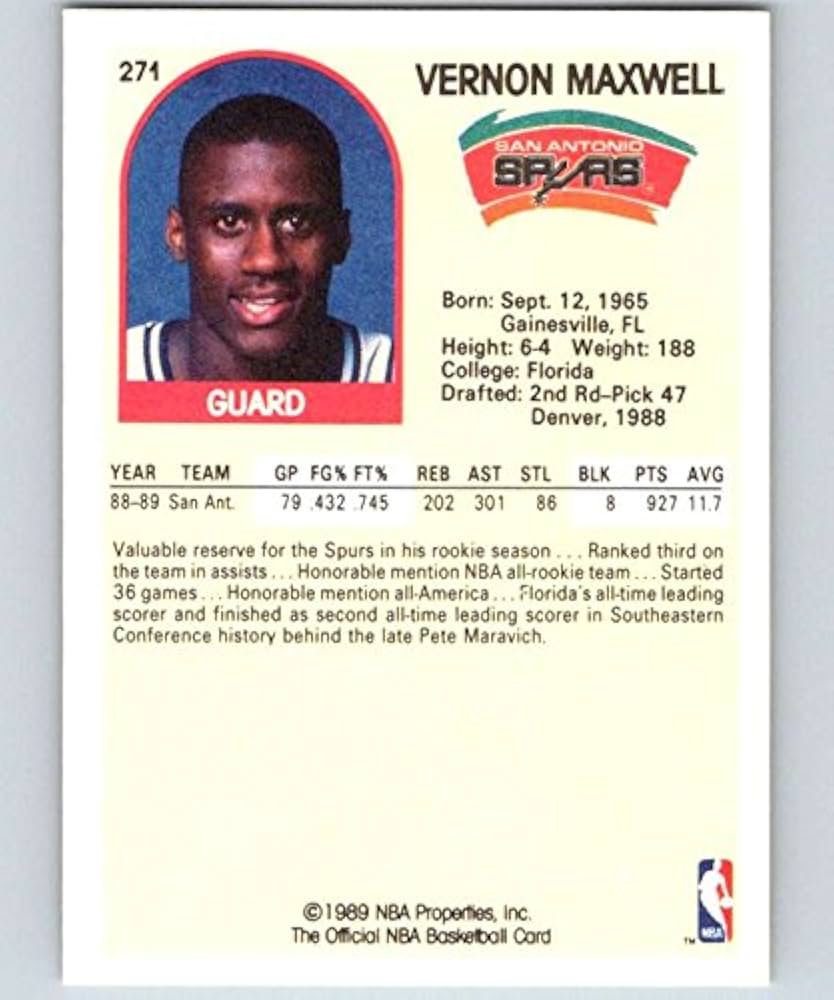 Amazon.com: 1989-90 Hoops Basketball #271 Vernon Maxwell RC Rookie