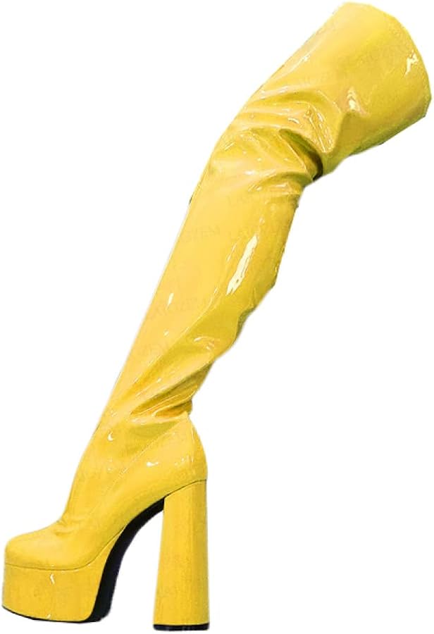 Amazon | [mongdodo] エナメル ニーハイブーツ イエロー 黒