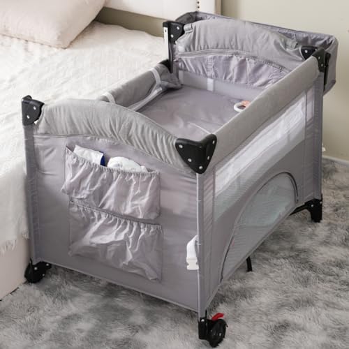 Simpolu ベビーベッド 折りたたみ サイド高さ調整可能 おむつ替え