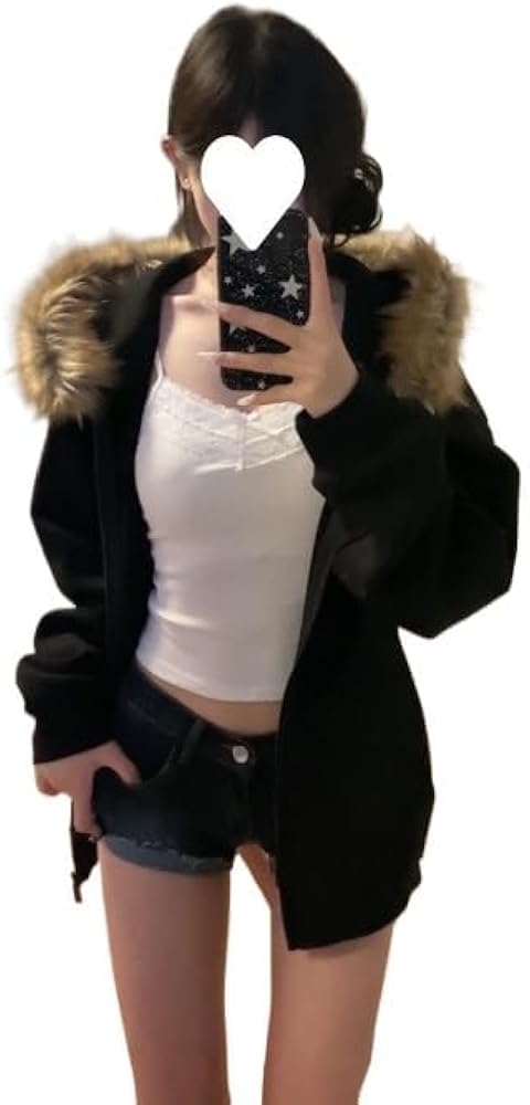 Y2k Zip Up Hoodie Fur Jackets Winter Coats Teen Emo Grunge 2000s
