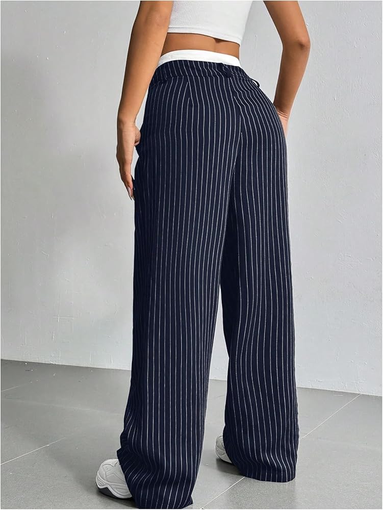 SOLY HUX Women's Striped Pants Color Block High Waisted Wide Leg