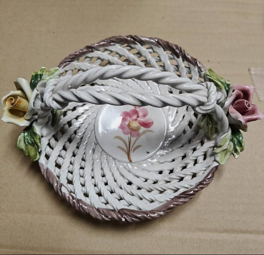 花柄装飾 八角形陶器バスケット