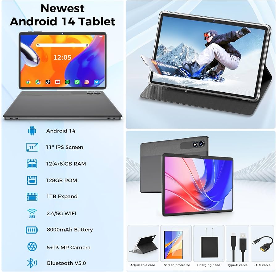 Relndoo Android Tablet, 11 inch Android 14 Tablet, 12GB RAM +128GB
