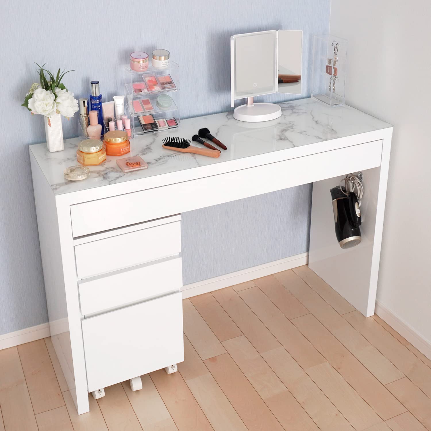 Amazon｜ドレッサーデスク 幅120cm ワゴンセット Alice 鏡面仕上げ