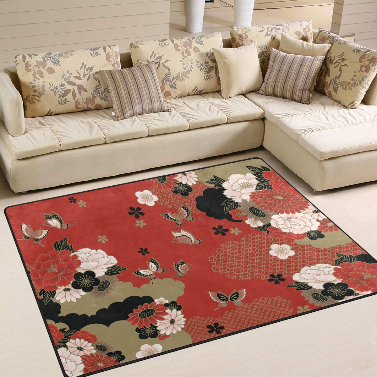 Amazon｜SUKAU ラグマット 和風 和柄 花 洗える 滑り止め付 145×200