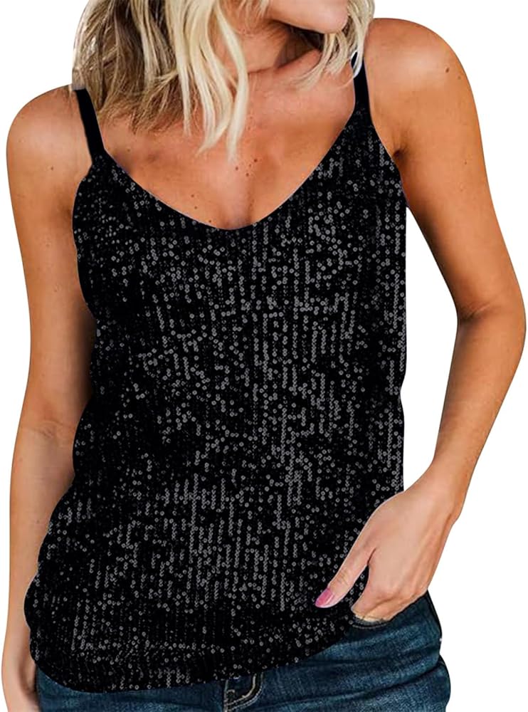 Black Women Sexy Sparkle Shimmer Cami Tank Tops Ladies Disco