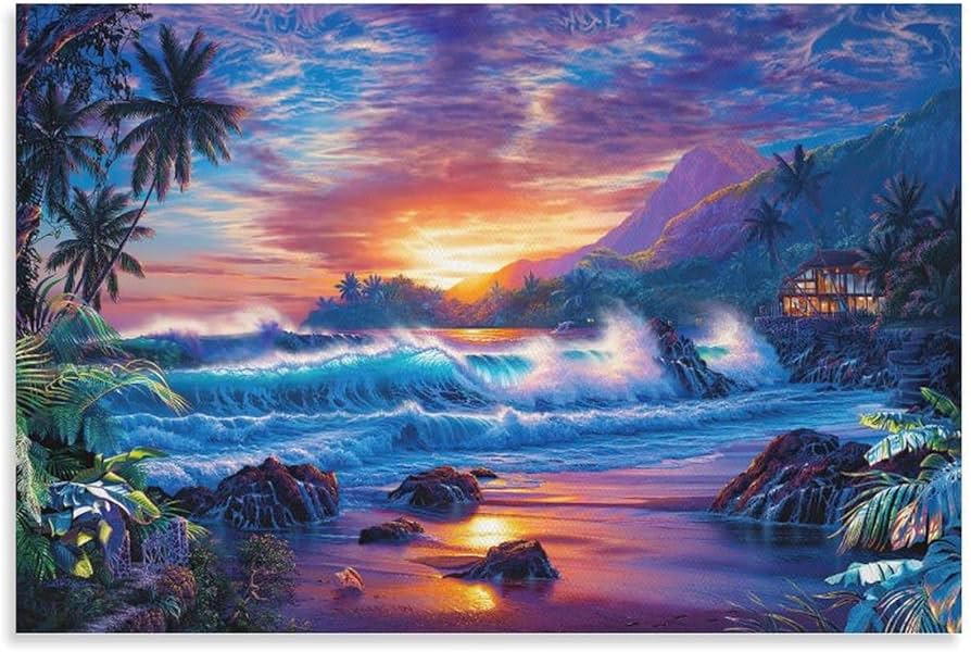 Amazon.co.jp: ラッセン カラフル 海景 輝く 島 波 自然 夕日 熱帯植物