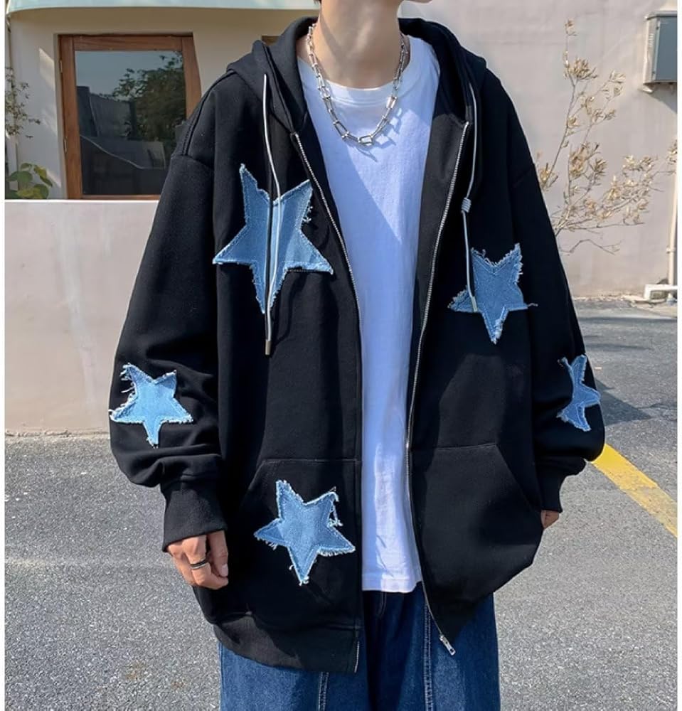 Y2K Hoodie Women Grunge Stars Zip Up Sweatshirt Acubi Emo