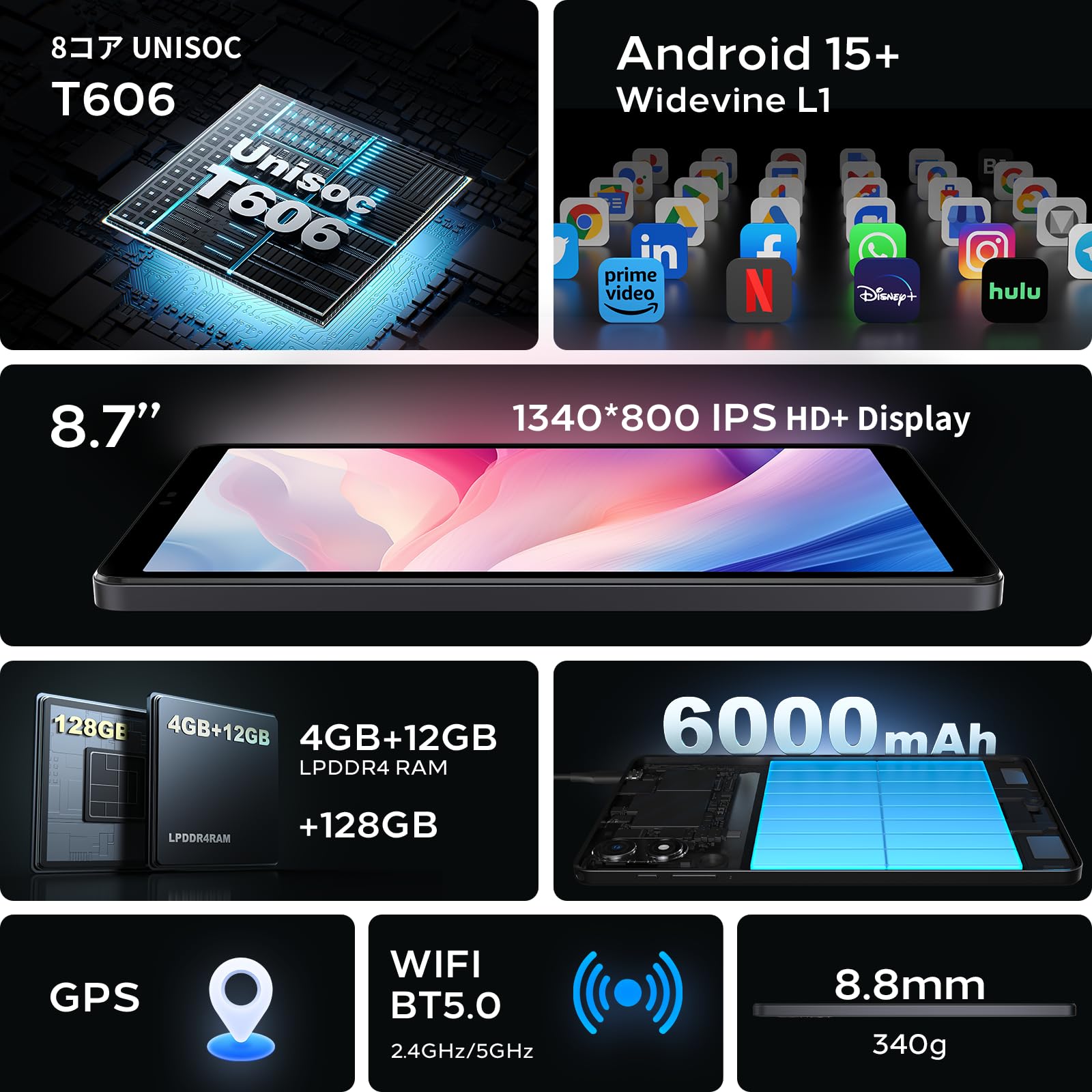 Zuleisy Android 15 Tablet 8.7 inch, Octa Core, 16GB RAM, 128GB ROM