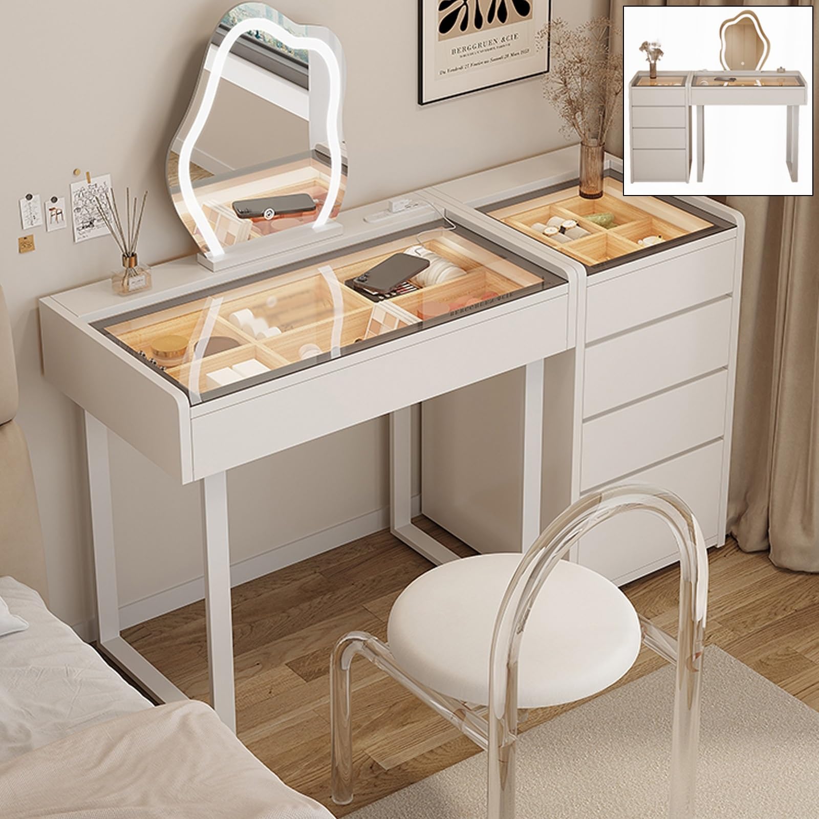 Amazon｜ドレッサーテーブル アクリル椅子付き コンパクト 鏡台 強化