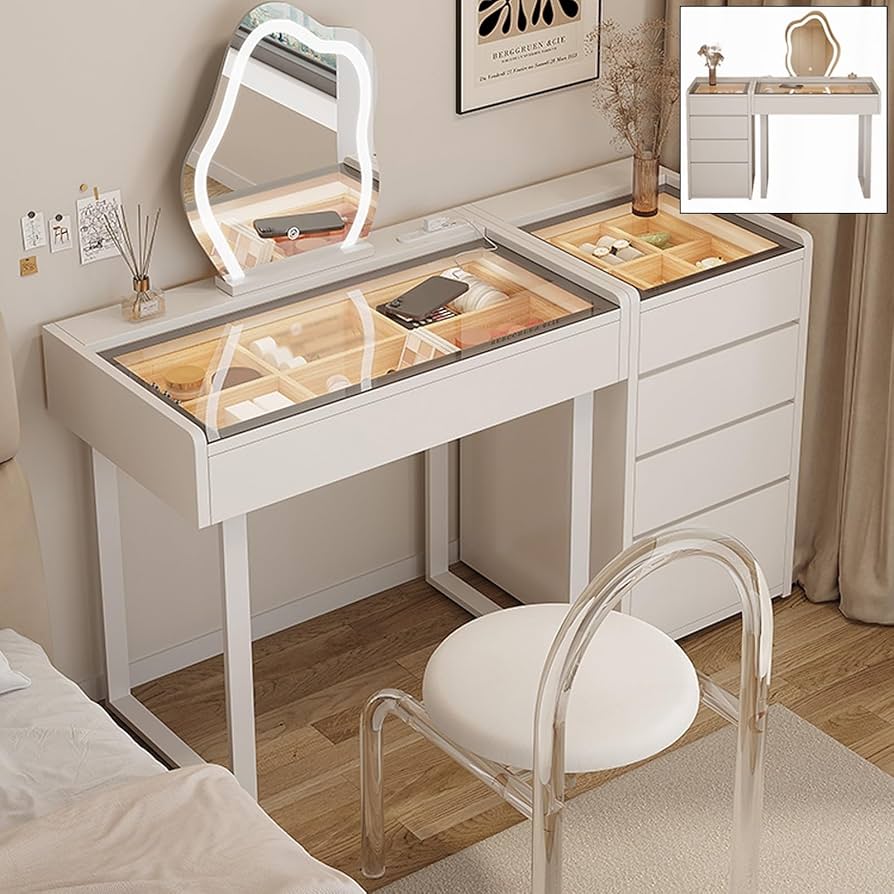 Amazon｜ドレッサーテーブル アクリル椅子付き コンパクト 鏡台 強化