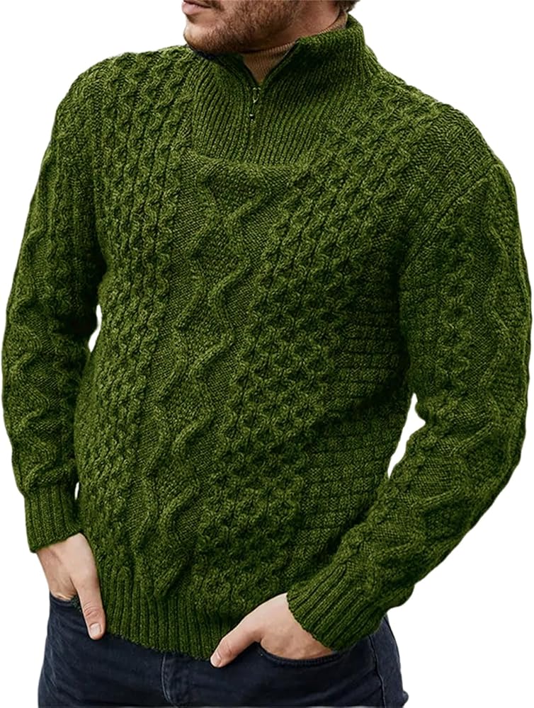 Mens Cable Knit Half Zip Jacquard Pullover Sweater Wool Zip Neck