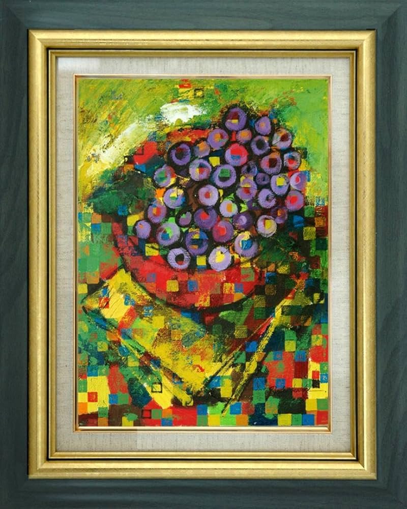 油絵 菅家令子 絵 絵画インテリア額付(青緑＋金色の枠) F4-071512女性