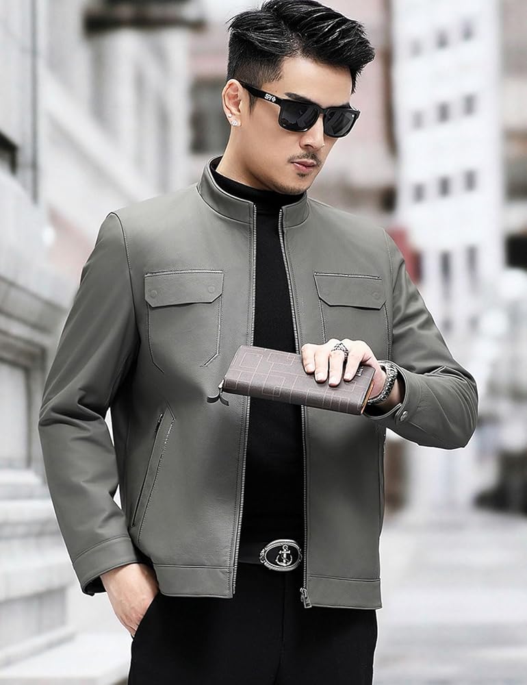 GL SUIT Mens Stand Collar Leather Jacket Cow Hide Jacket Genuine