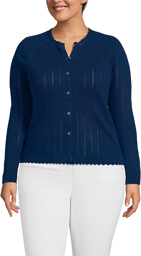 Lands' End Women's Cotton Pointelle Satin Trim Cardigan Sweater X